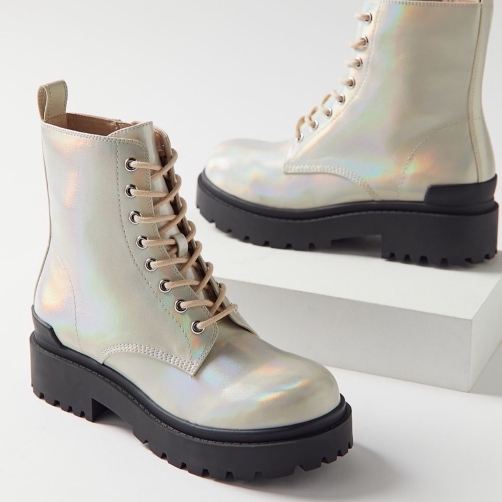 Urban Outfitters Brody iridescent combat boots, size 6.